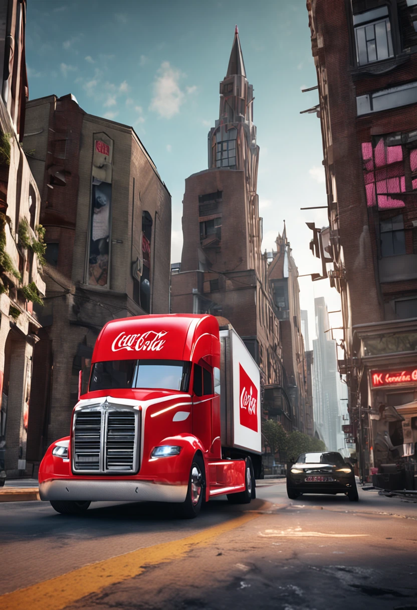 coca cola futurist truck realistic 4k in the city