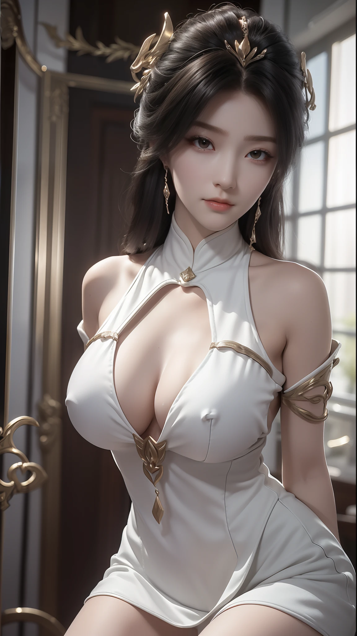 ((Best picture quality, 8K, tmasterpiece:1.3)), 1girll, Beautiful woman with slender abs:1.3, (Casual hairstyle), Princess dress:1.1, huge tit, Ultra-fine face, A detailed eye, 二重まぶた,ssmile,Home, Above thighs