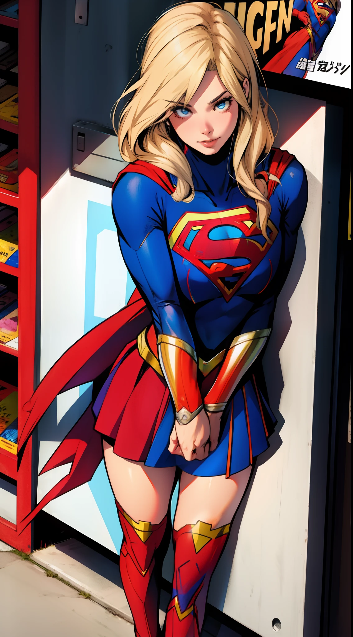 Supergirl, exposed breasts, sitting spread eagle. Batman standing behind her his pubic area exposed. Supergirl is stroking his erection.