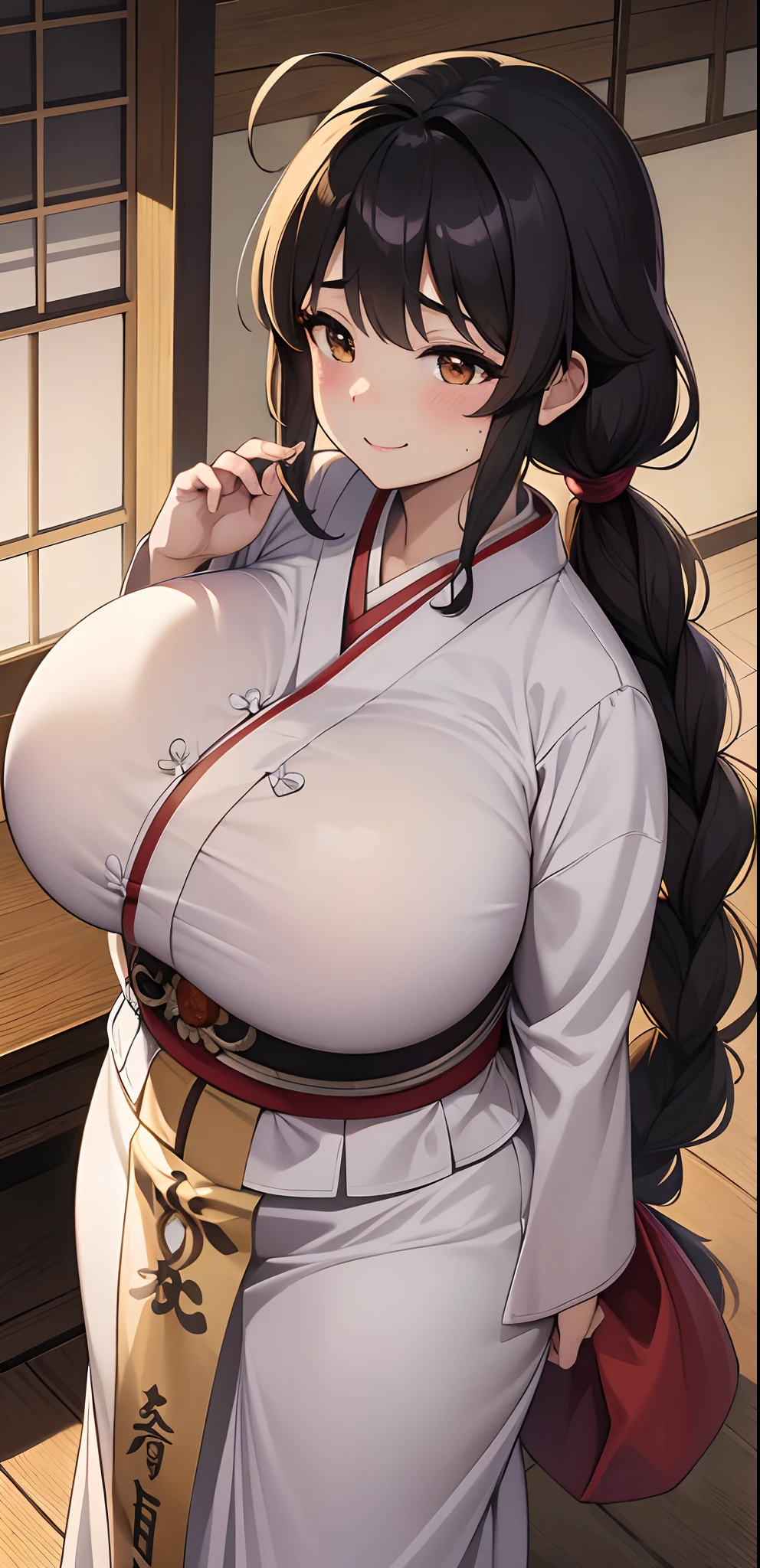 (8K、top-quality、​masterpiece)、Taisho Era、japanese kimono、Beautiful adult woman、Graceful,((Super huge　Colossal　Colossal　massive chest)),Pensive、boredom、Sentimental、suffocating、Enlightened smile、long-haired with black hair、Ahoge、braid ponytail、musculature、Muscular beauty、Muscle Beauty、