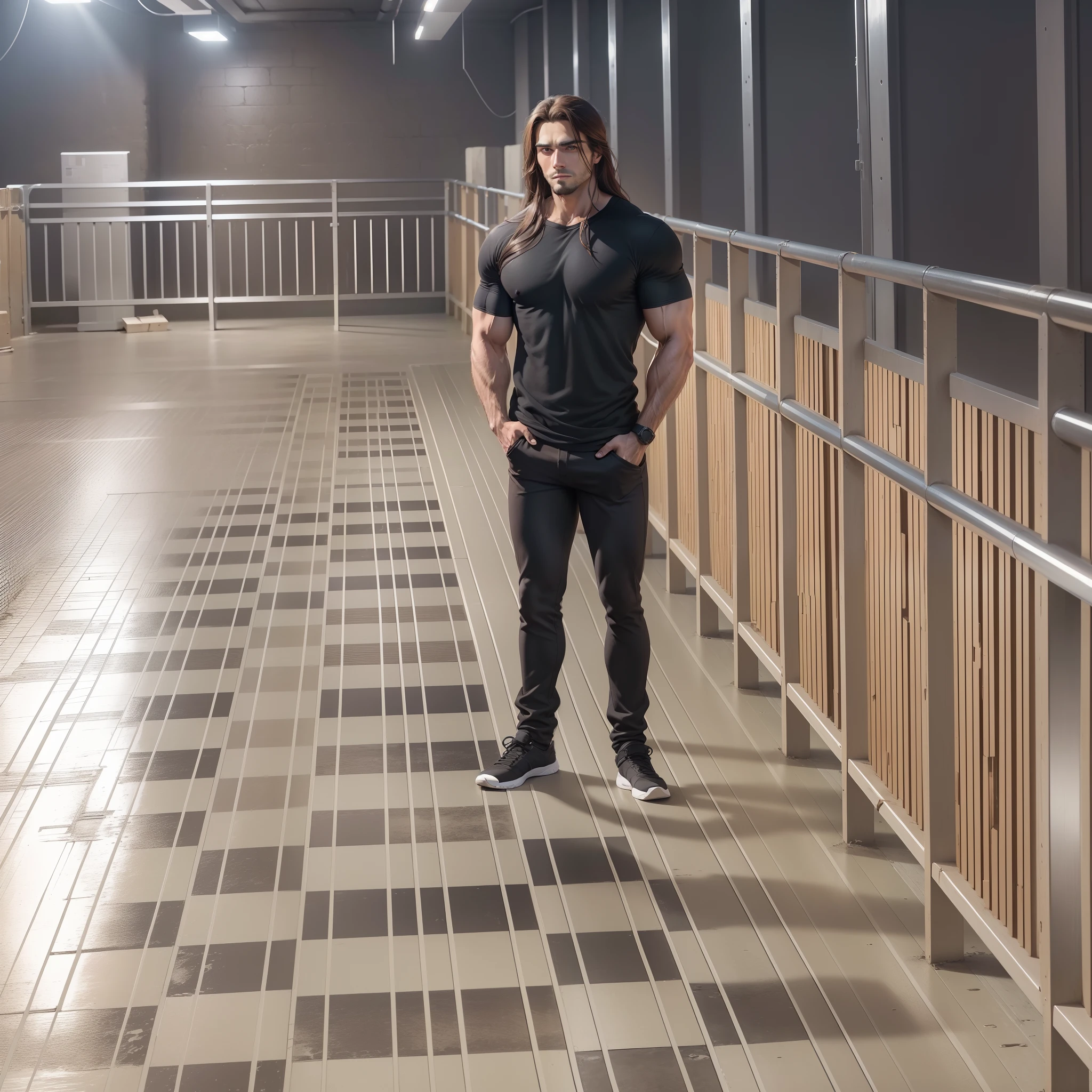 Realistic 8k image of a handsome, strong man, 25 years old, long brown hair, brown eyes, Expression of triumph, dressed in a simple black casual shirt, bandages wrapped around his arms, right arm raised, kneeling in a large underground dungeon, anime style art