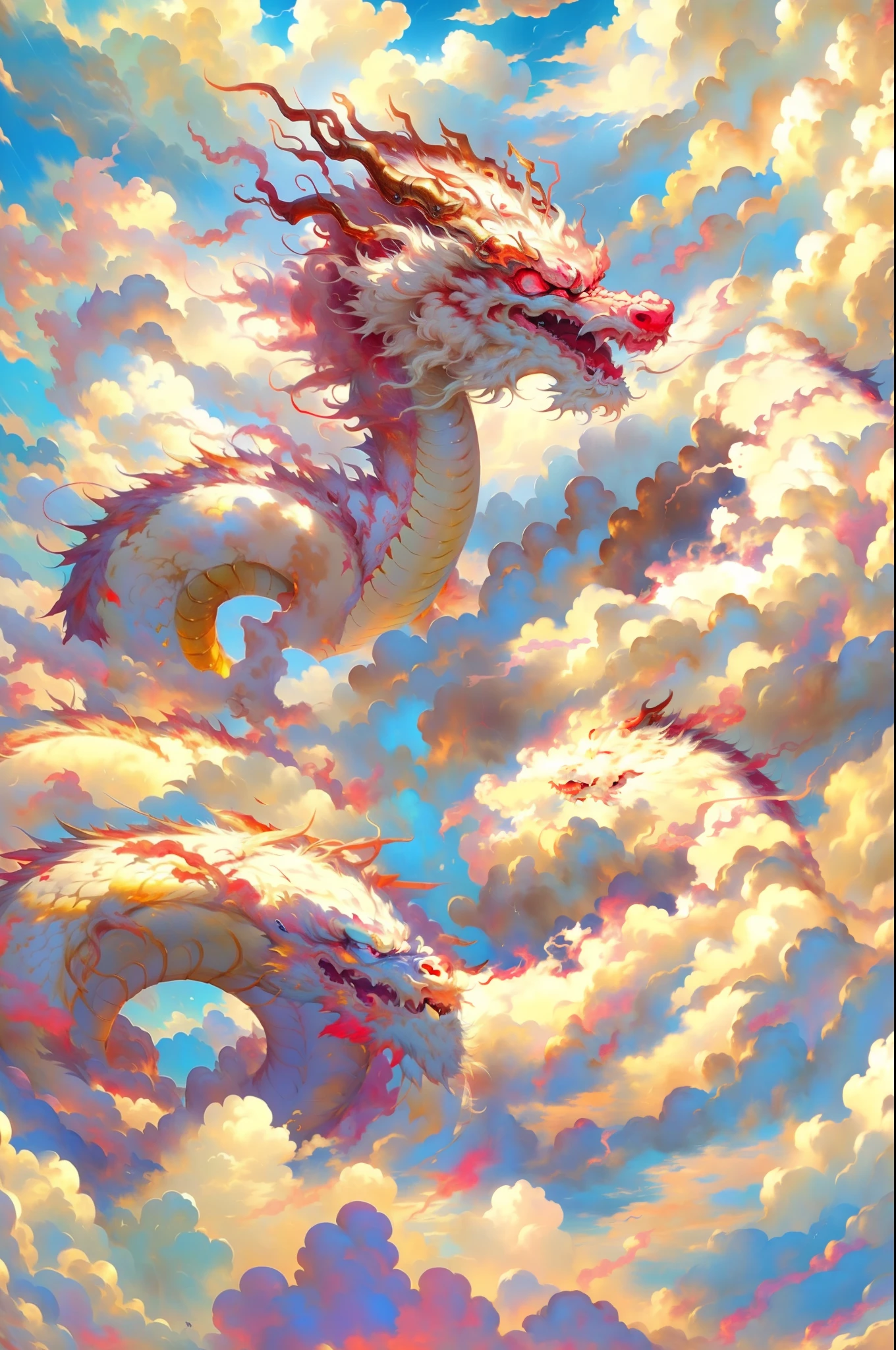 Best quality,masterpiece,ultra high res, (long:1.2),no humans, cloud, red eyes, (lighting horns), open mouth, sky, fangs, eastern dragon, cloudy sky, teeth, flying in the sky, raining,