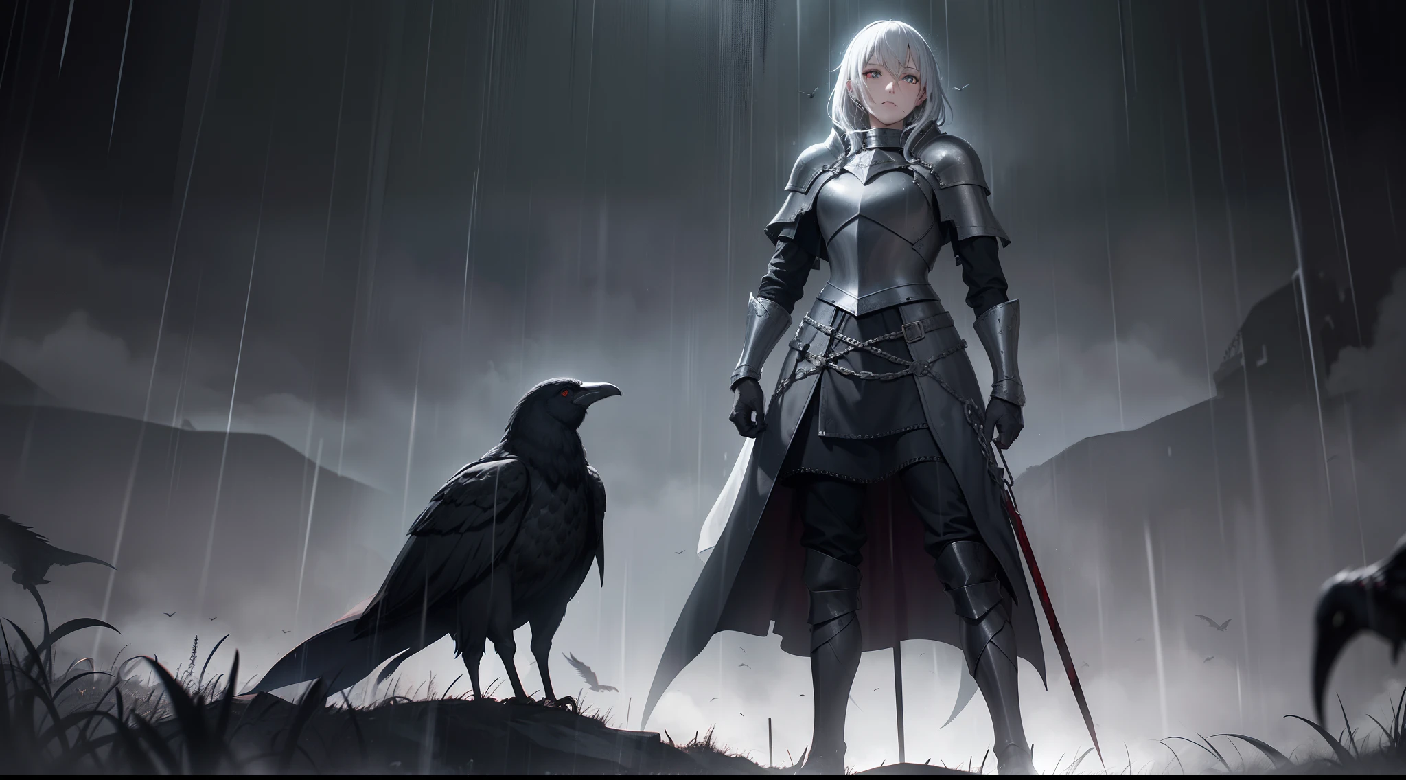 knight,chain mail,dark sky,rain,uncovered face,heterochromic,bblodnde hair,dim light,night,bloodsheet,slaughter,blood,suffer,agony,madness,,full body,twisted neck,looking at viewer,standing on the hill,corposes around,crows flying at sky