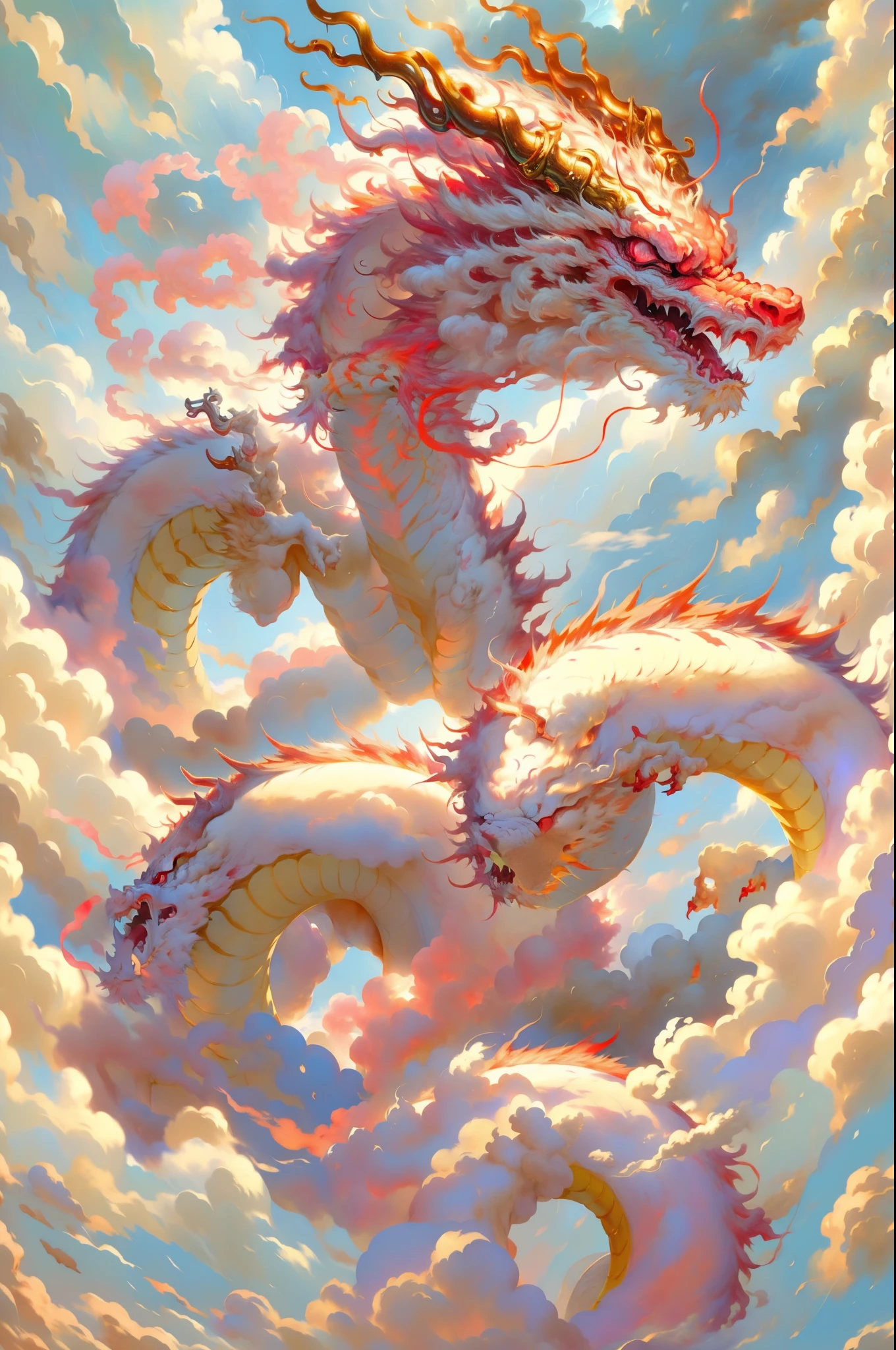 Best quality,masterpiece,ultra high res, (long:1.2),no humans, cloud,  red eyes, (lighting horns), open mouth, sky, fangs, eastern dragon, cloudy sky, teeth, flying in the sky, raining,