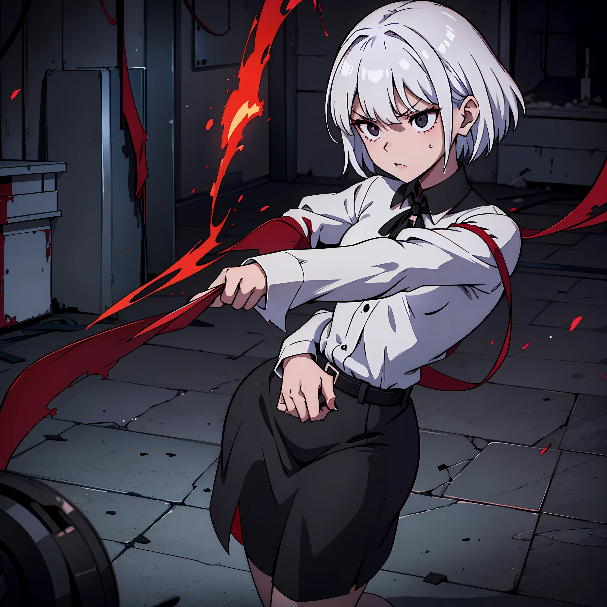 Best quality, highest resolution, 1 girl, solo, young child, ***********, small breasts, perfect anatomy, well drawn hands and arms, whole picture, ominous black ghost behind, "Short white hair, pitch-black eyes with red iris, exuding a dark aura, fierce expression, long black nails, blood flowing from eyes, tattered and torn clothing, white oversized shirt, a dark grim room of an abandoned building, the floor is covered with blood."