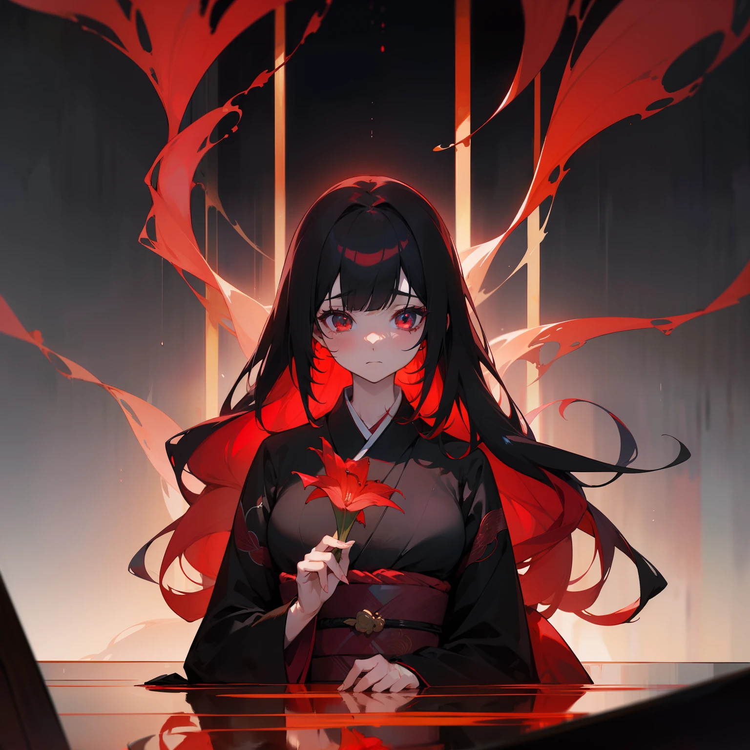 (Beautifully Aesthetic:1.2)、(1girl in:1.3)、(long black and red hair:1.2)、Wearing a colorful kimono in black and red、Mysterious Beauty、saddened、sad、solitude、goddes、Independence and strength、Mysterious and beautiful, But with a temporary glow、Women who feel sad or lonely from the past、amaryllis