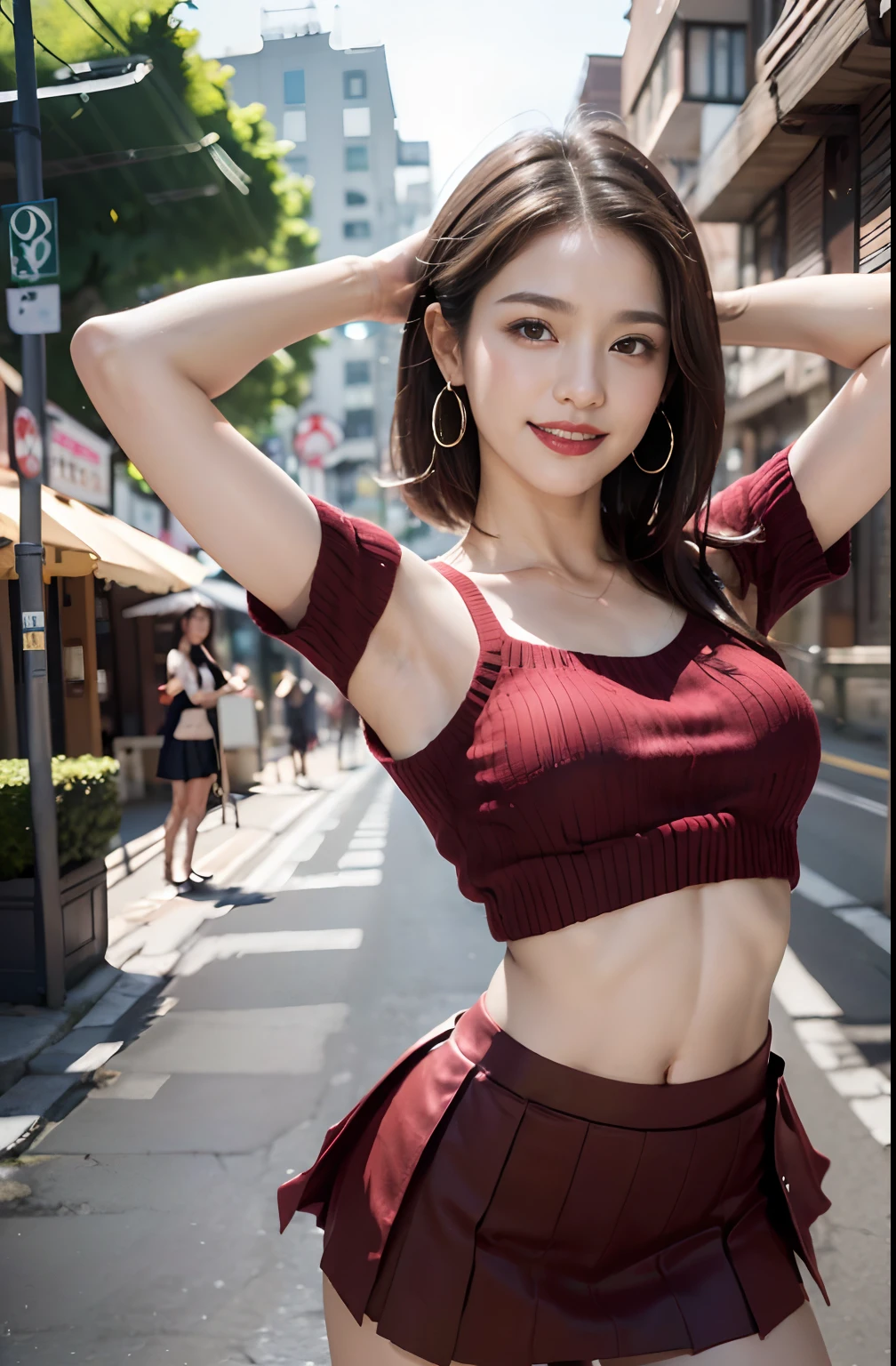 ((Show underarms、Ultra-realistic armpits、、Armpit、Detailed armpit wrinkles、Detailed armpit pores、Realistic armpit skin、Black armpit skin、Black armpits、armpit pose、gazing at viewer、smil、Full body armpits standing facing the viewer、Show both armpits、micromini skirt、Very short skirt、Super mini skirt with waist length slit、Super mini skirt with waist length slit、Standing on the street、Stand in the middle of town、in a street)), (illustratio), (hight resolution), (8K), (ighly detailed), (The best illustrations), (armpit pose、beatiful detailed eyes), (top-quality), (ultra-detailliert), (masterpiece), (wall-paper), (详细的脸), (A smile、((40 years,red lipsticks,femele,Show realistic armpits))、Brown hair,short-hair,((Woman in red short sleeve sweater and very short skirt、Show the navel)), japanes,(Slim body、Small)