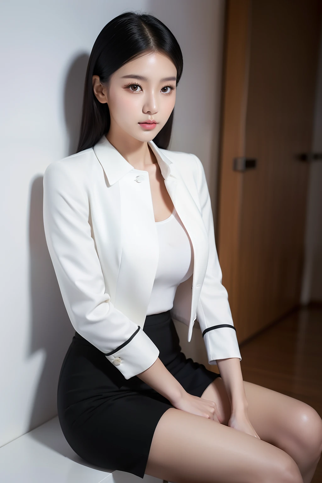 disorganized, RAW photo, very delicate and beautiful, masterpiece, highest quality, ultra high resolution, 16k, surreal, super detailed, perfect anatomy, super dense skin, perfect figure, Highly detailed CG 8k wallpaper, 20's, very slim body, (tight waist:1.2), very small head, very small face, delicate features, tearful mole, earrings, thin legs, (very huge round breasts:1.2), short hair, wavy hair, (barefoot:1.1), (blazer:1.2), (camisole:1.1), short skirt, outdoor, (expensive:1.3),