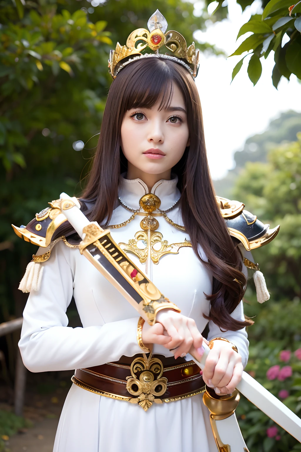 (masutepiece), Professional , masterpiece、top-quality、photos realistic , depth of fields (Gemstone Silver Metal Body:1.9),(Matte White、 Gold Weapon_(Metal:1.4),Gorgeous metal weapons , Detailed Sword of the Brave , Beautiful knife ,warhammer 40k , adepta sororitas,Detail and ornate jewel crown、Brown hair、Gangle's forest background、Beautiful Caucasian beauty、1a person、dynamic ungle,(((Detailed and ornate diamond crown)))、Particles of light、