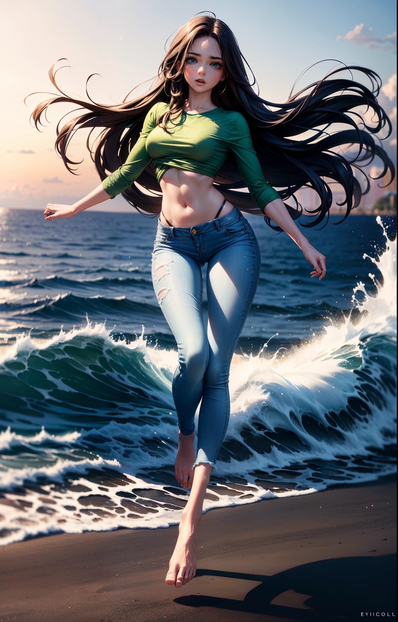 masterpiece, extremery magnificent view, perspective, extremery best quality, extremery detailed CG, 8k wallpaper, high resolution, highly detailed face, highly detailed eyes, perfect anatomy, super detailed skin,
(dynamic angle, dynamic pose:1.2), outdoors, beach, soothing waves, (portrait, legs focus, full body), (beautiful face, beautiful eyes, beautiful legs:1.3),
1 girl, solo, (green shirt, skinny jeans:1.3), medium breasts, brown hair, long hair, floating hair, straight hair, open forehead, parted bangs, (barefoot:1.3), blue eyes, (navel:0.8), skinny, slender, wide hips, thin waist