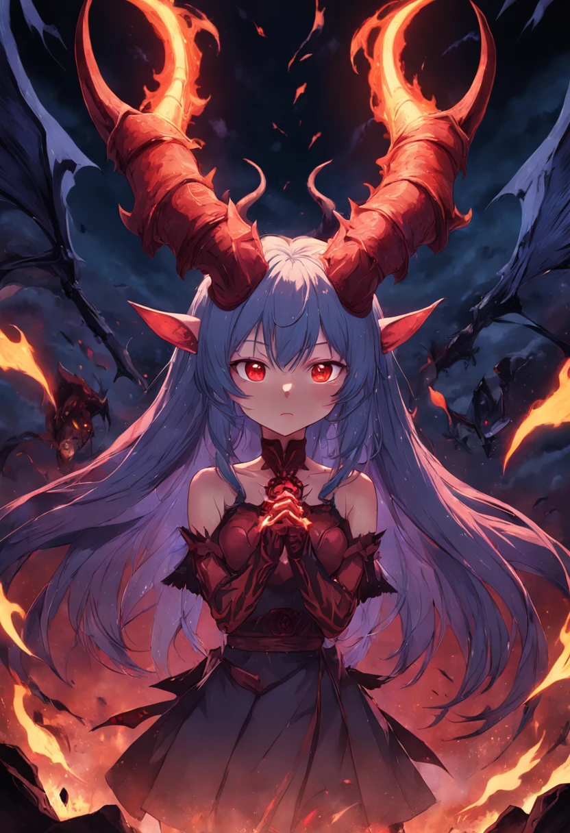 Masterpiece, Best Quality, high resolucion, focusing, Anime style, Close-up of a female cartoon, Girl design, anime image, Long hair, look hair, Stylish and powerful appearance, exotic, cheerful, High-end clothing, in a dark cave, Monster bat girl wearing a skirt, Dark hair color