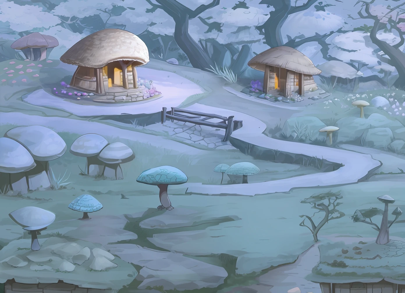Stone Age，Rocks，land，rios，wisteria，thorns，A small amount of huge mushrooms，the trees，a plant，fresh flowers，thatched hut，grassy fields，