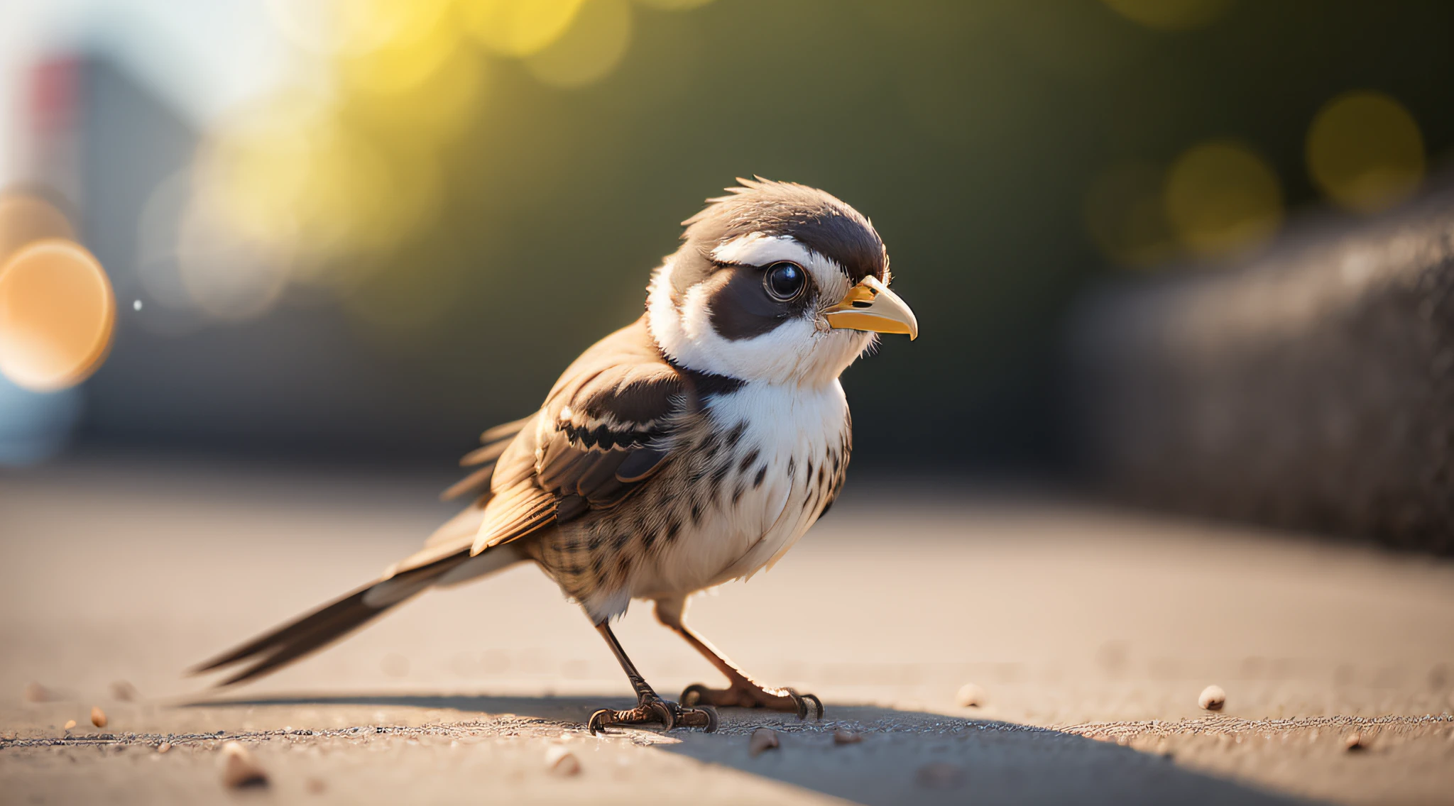 A small bird stands on the ground，No background bokeh，Right perspective，nipple play