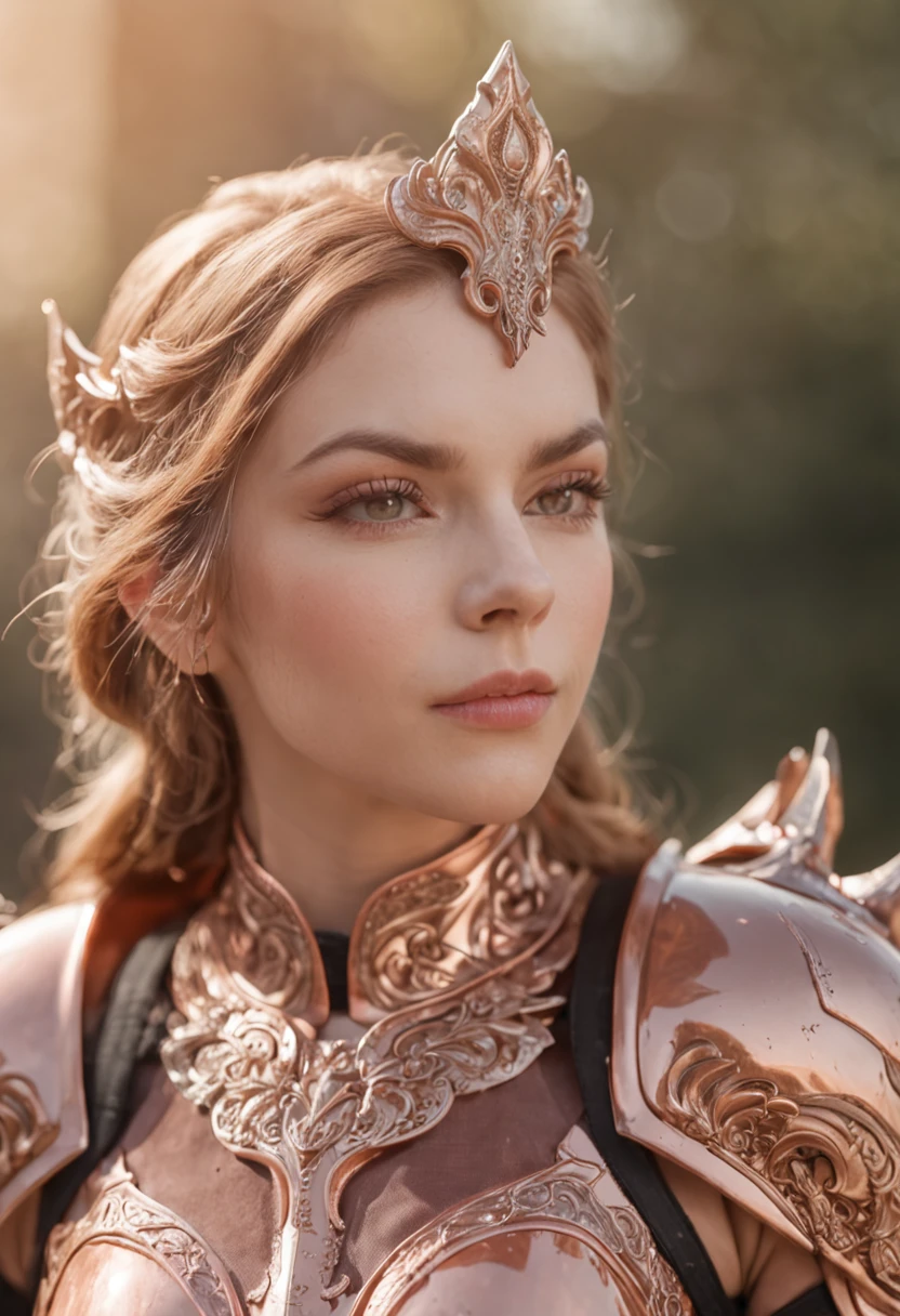 woman in peach armor suit in sunny day city backaground