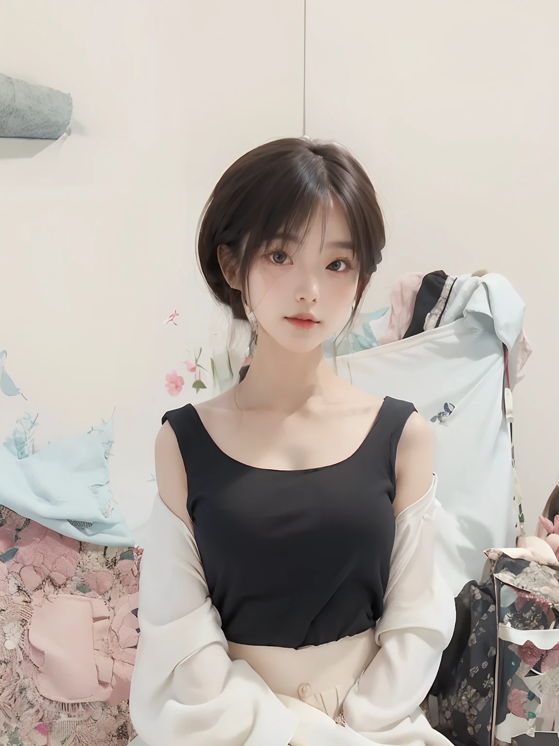 1girll, 20 years old, Cute, full bodyesbian, Loli, Big, Petite, all fours, cleavage, drop shoulder tee, Blush, Shoulder-length hair, Clothing that exposes, Open clothes, 鎖骨, Delicate, Bird's eye view, Best quality, HD, 16k