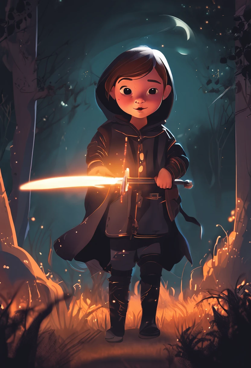 Cartoony,Chubby little girl in black tight cloth,assassins,Dagger and dagger in both hands,Glowing fireflies around,,Cute and cute,KIDS ILLUSTRATION,Glow effects,Dingdall effect,depth of fields,high light,Real light,Ray traching,oc rendered,Hyper-realistic,best qualtiy,8K,Works of masters,super-fine,Detailed pubic hair,Correct anatomy,sharp focus on eyes,The facial structure is reasonable,Facial features are carefully depicted