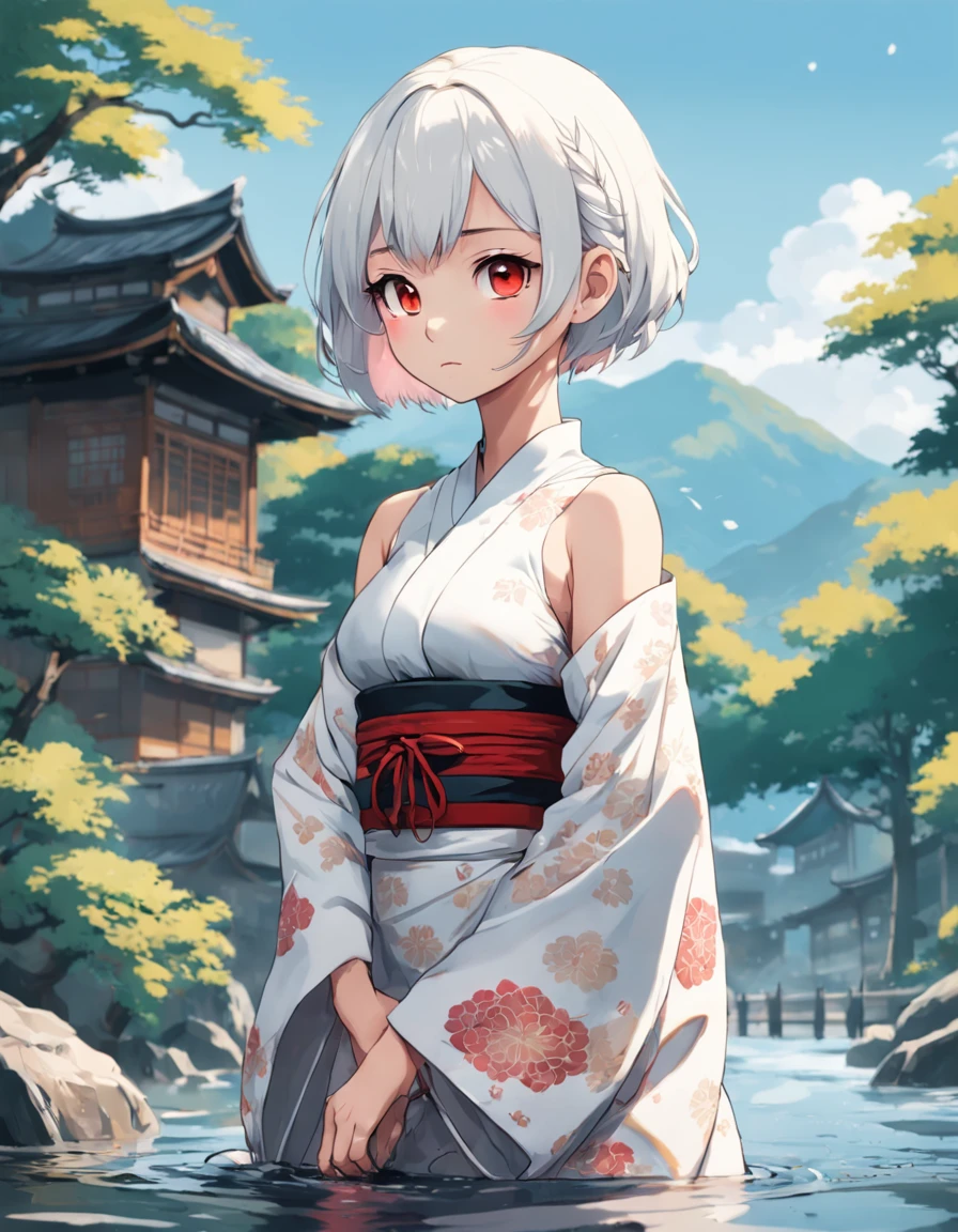 Detailed portrait of a Japanese girl, Skinny girl, Pear-shaped body, Red and black, old anime style, (anime big breast), (teen girl:1.2), Ghibli style, boobgasm, (tatoos:1.2), No shoulder strap, Shirt collar, Kneeling, looks away, in river, Flat colors, Intricate, Elaborate dress, Beautiful face, Short hair, White hair, hijabi sluty, River, landscape, Masterpiece, Best quality, Old Japanese house