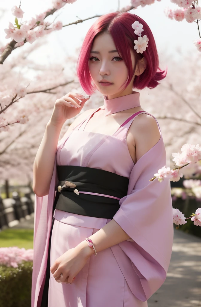 Sakura uchiha. A woman was at the cherry blossom garden. She's wearing a pink komono with a sakura accent. With a black belly-cord. She had pink hair. Her hair unraveled. Her skin is so white and smooth. Her cheeks are so rosy. He looked at the camera. She's so gorgeous and realistic