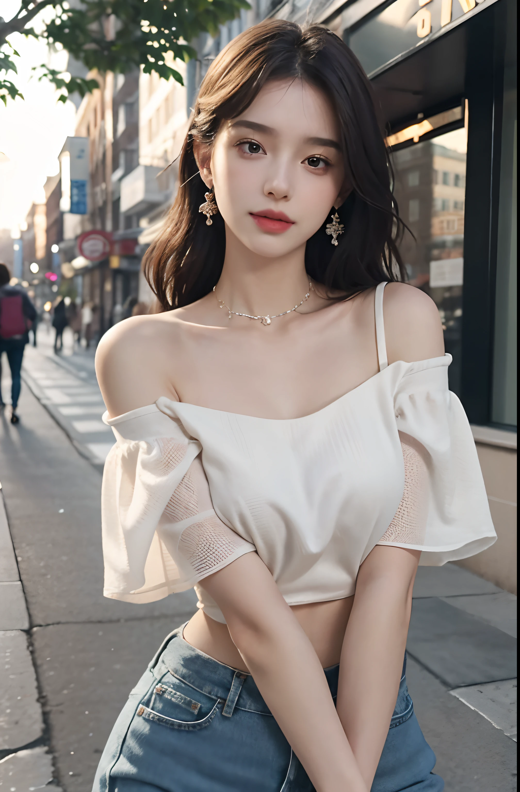 （（jon，the hair））， Stand up， （An extremely delicate and beautiful work）， （tmasterpiece）， 1girll， Delicate shoulder top，Delicate jeans，beautifullegs， highly  detailed， long whitr hair，full bodyesbian， Enchanted smile， beautiful and clear eyes， delicatenecklace， Delicate earrings， Extreme detail description， big breasts beautiful，s delicate face， fine collar bone，lovely lips， Behind the softness， mix4，（8K， RAW photos， best qualtiy， tmasterpiece：1.2）， （realisticlying， photograph realistic：1.4）， 1girll， adolable， the street，physically-based renderingt， full bodyesbian，school uniform