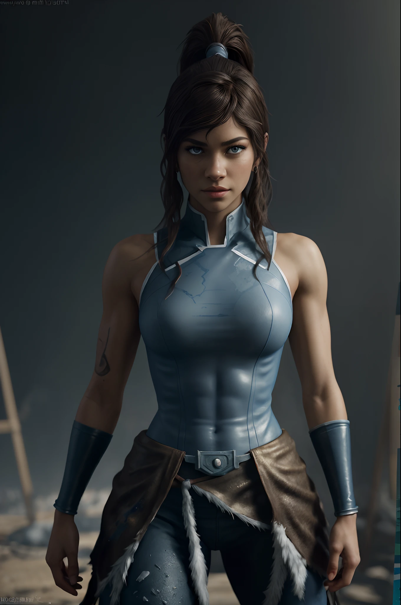 Zendaya like Korra, sightly muscled, messy hair, Full body, Beautiful anime waifu style girl,hyperdetailed painting, luminism, art by artgerm, concept art, dark background, abstract beauty, approaching perfection, pure form, golden ratio, minimalistic, dark atmosphere, unfinished, concept art, intricate details, 8k post production, high resolution, hyperdetailed, trending on artstation, sharp focus, studio photo, intricate details, highly detailed,