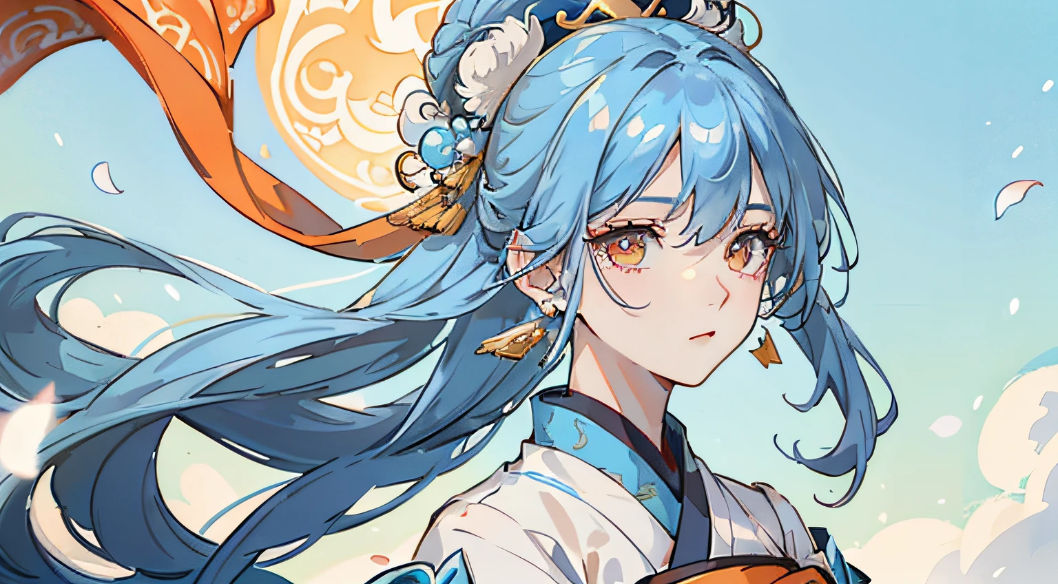 Mature girl , orange eyes, blue and white hair color, floating hair: 10, delicate and smart eyes, intricate damask hanfu, gorgeous accessories, wearing pearl earrings, fov, f/1.8, masterpiece, ancient Chinese architecture, blue sky, flower petals flying, front portrait shot, Chang'e, side light, sunlight on people, 8K