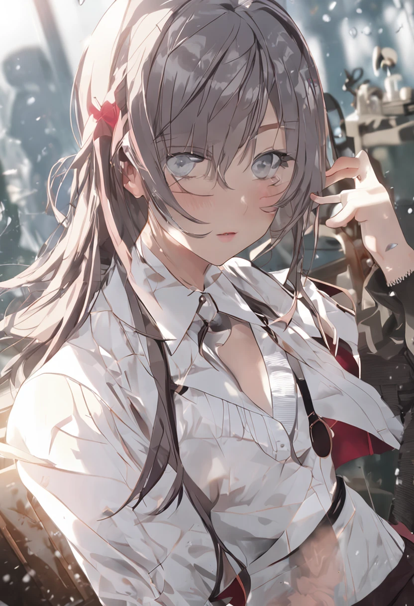 White stockings，Female 20 years old，The chest is very large，The face is delicate，big breasts beautiful，Raised sexy，JK school uniform，Wear only a bra for the upper body