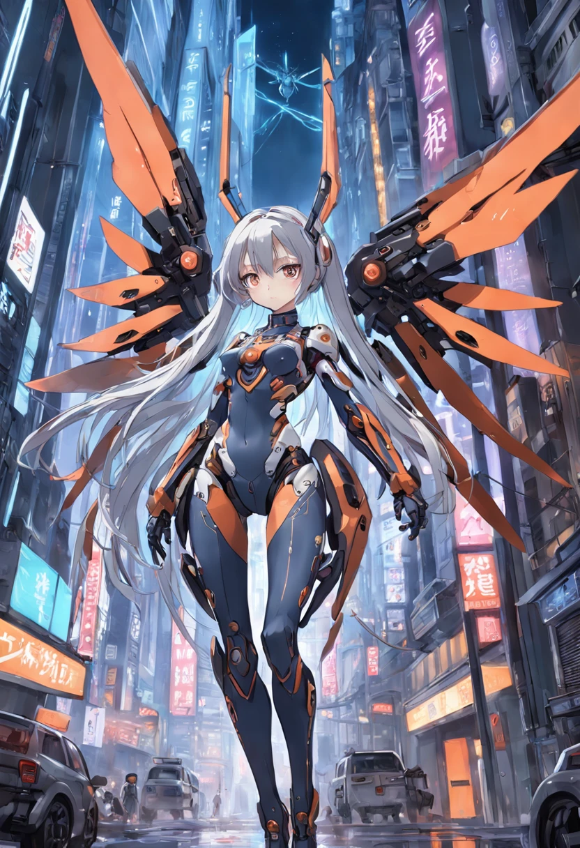 From Side、top-quality、ighly detailed、masterpiece、ultra-detailliert、illustratio、((1girl in))、silber hair、length hair、Floating hair、Exoskeleton tights、mechs、Cyber City、Neon building、(The upper part of the body:1.05)、extremely_Detailed_Eyes_And_Face,cybernetic wings、mechanical wing、Fighting stance、Skyscraper、、mecha musume、