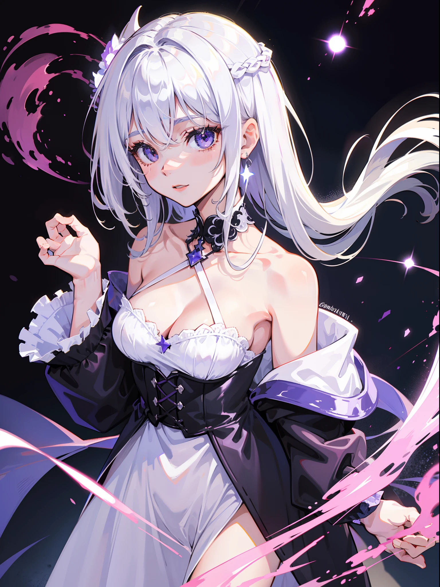Silvery-white hair,Purple eye,Black off-the-shoulder dress,Starry sky shooting star background,Contre-Jour,Texture