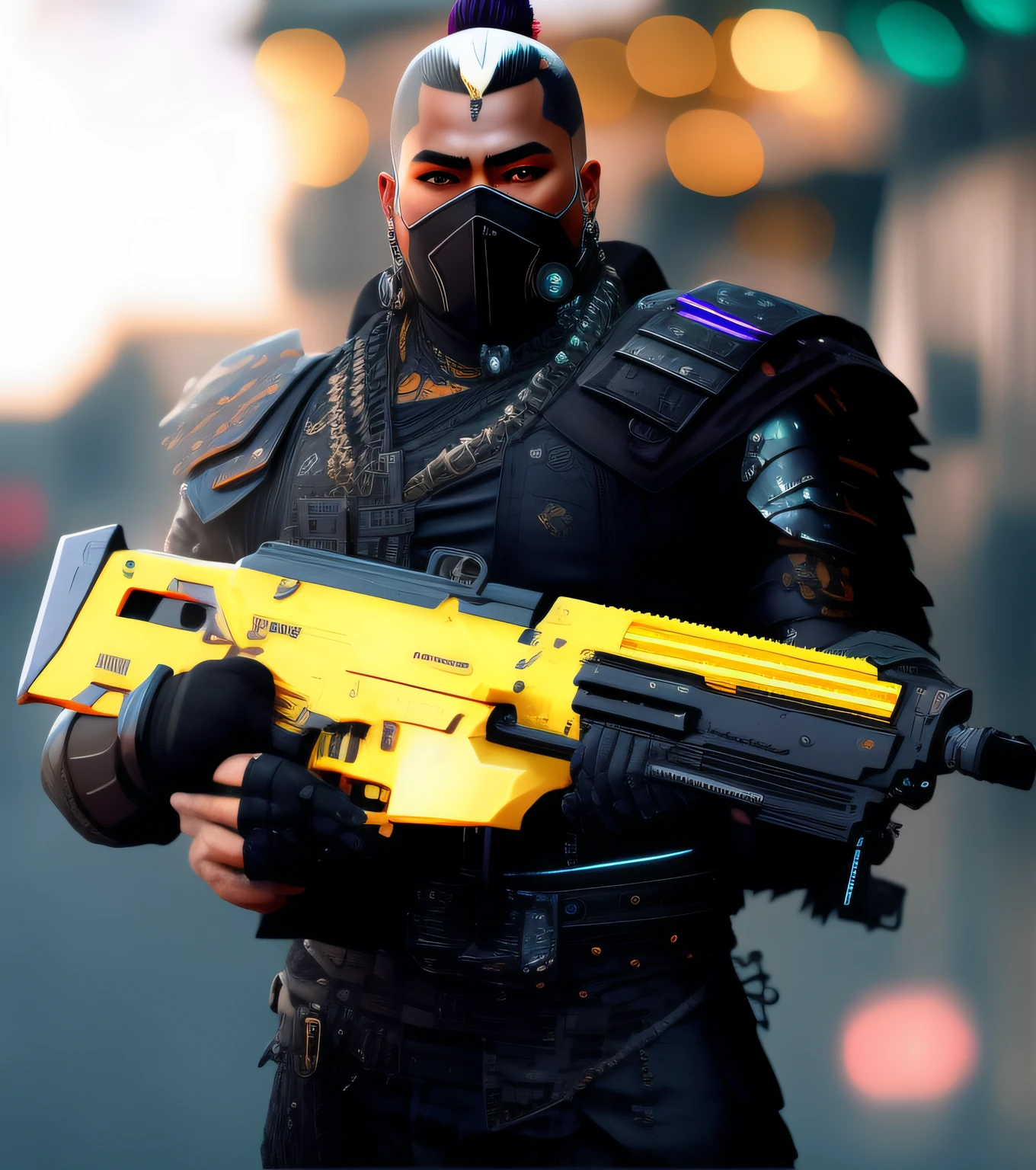 Hay un hombre con un traje negro y amarillo sosteniendo una pistola amarilla y negra, cyberpunk street goon, Soldado cyberpunk, Estilo cyberpunk hiperrealista, Asesino cyberpunk, Chico cyberpunk, Personaje cyberpunk, Arte cyberpunk ultrarrealista 8K, Armadura negra con detalles amarillos, cyberpunk hero, Gladiador cyberpunk, Samurai cyberpunk, Irreal 5. Retrato RPG, portrait of a cyberpunk samurai