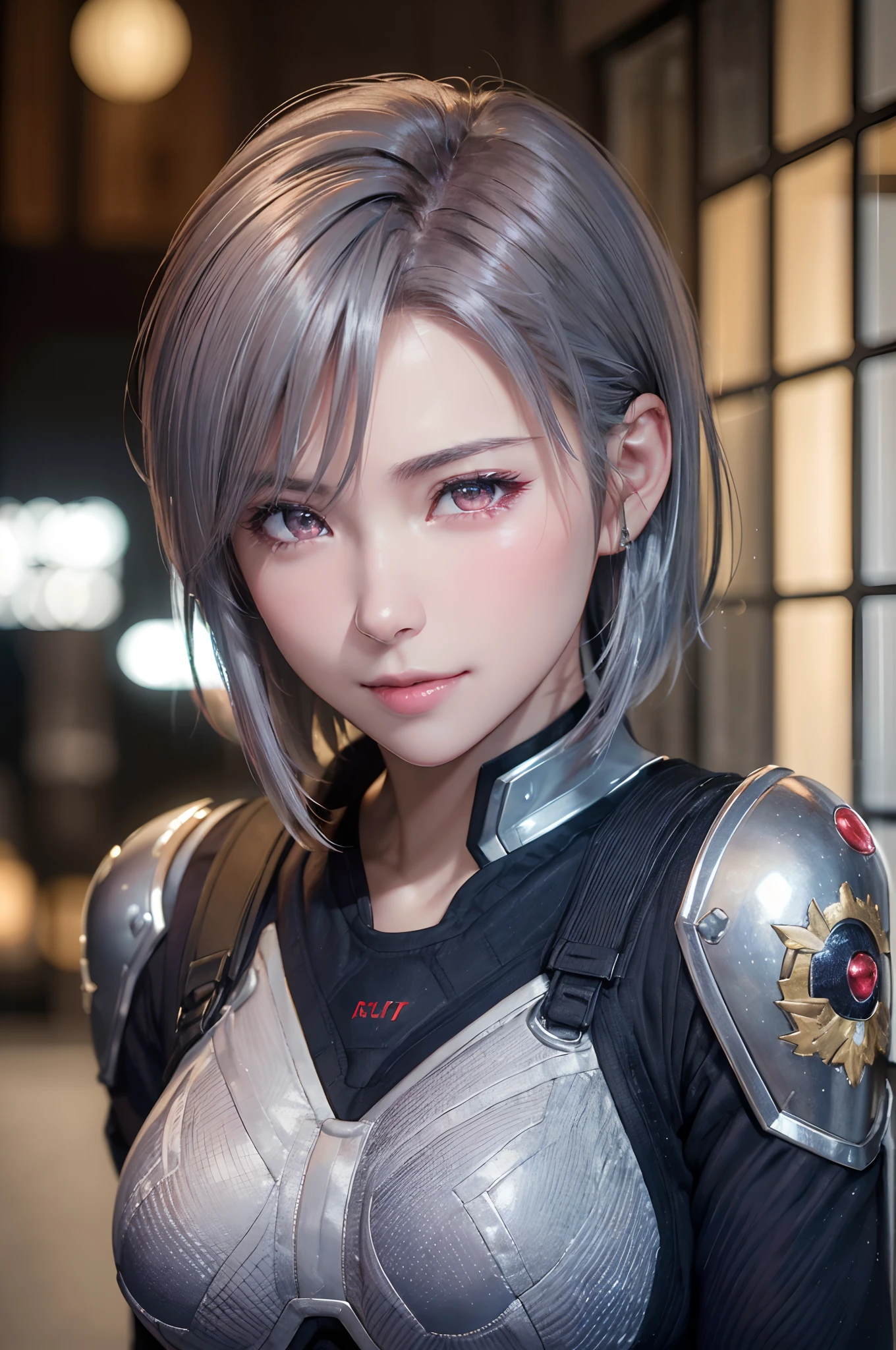 (8k, photorealistic, RAW photo, top quality: 1.4), (1girl), super beautiful, (realistic face), (boyish, silver-colored berry short hair), beautiful cyberpunk suit, glares seducing viewer, beautiful expression, beautiful breasts, (realistic skin), beautiful smile, (soldier), attractive, ultra high resolution, ultra realistic, high definition, spoiled