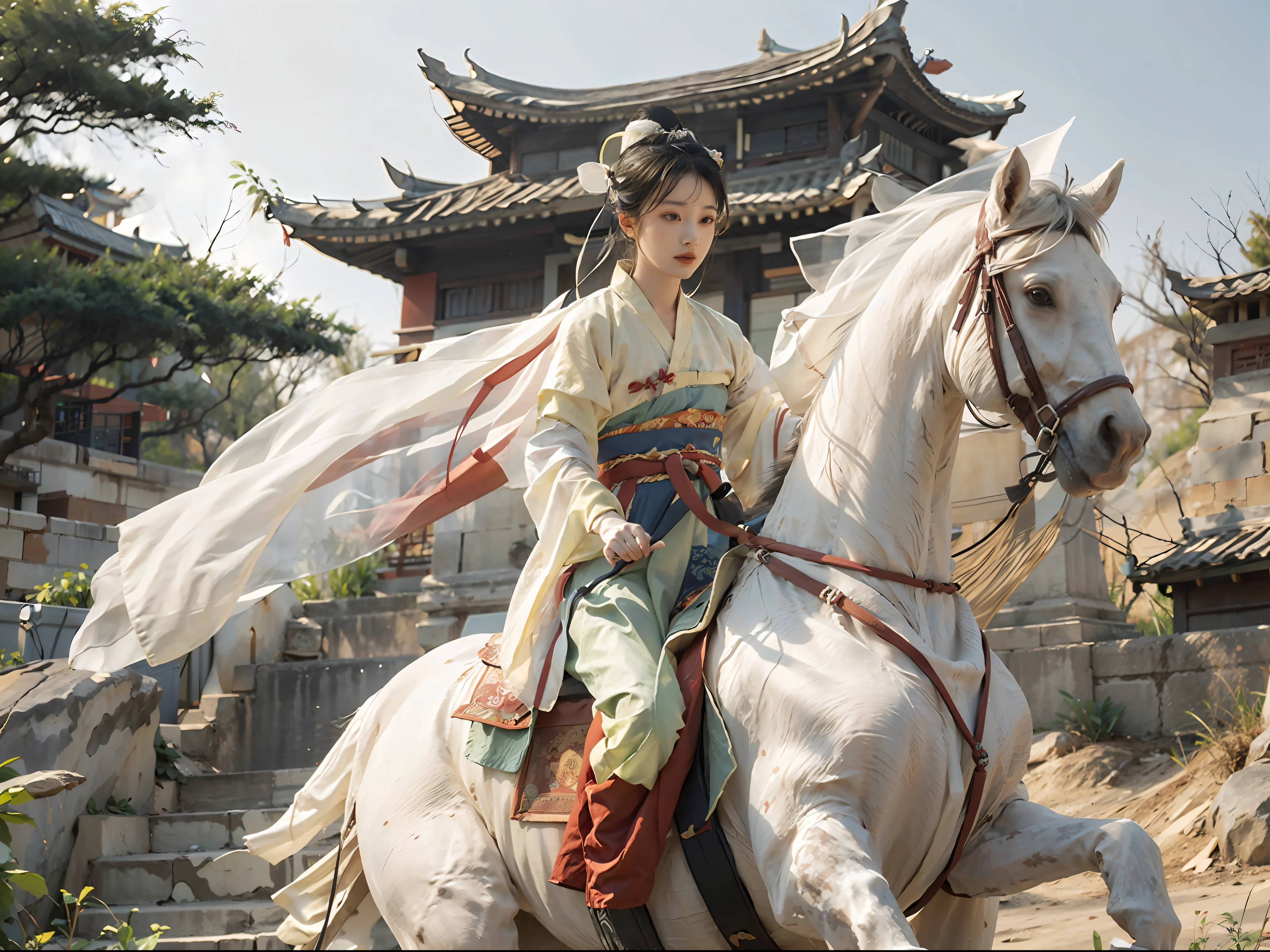 1girll， white_veil_hat，Bunched hair，hair-bun，Ancient Chinese white robe and Hanfu, Riding a tall white horse，Wielding an ancient Chinese sword，A desert，Ancient Chinese fortress background, castle wall, （strong winds：1.5），Ultra-detailed face and eyes，32K，best qualtiy，Bokeh，softlighting，Natural lighting