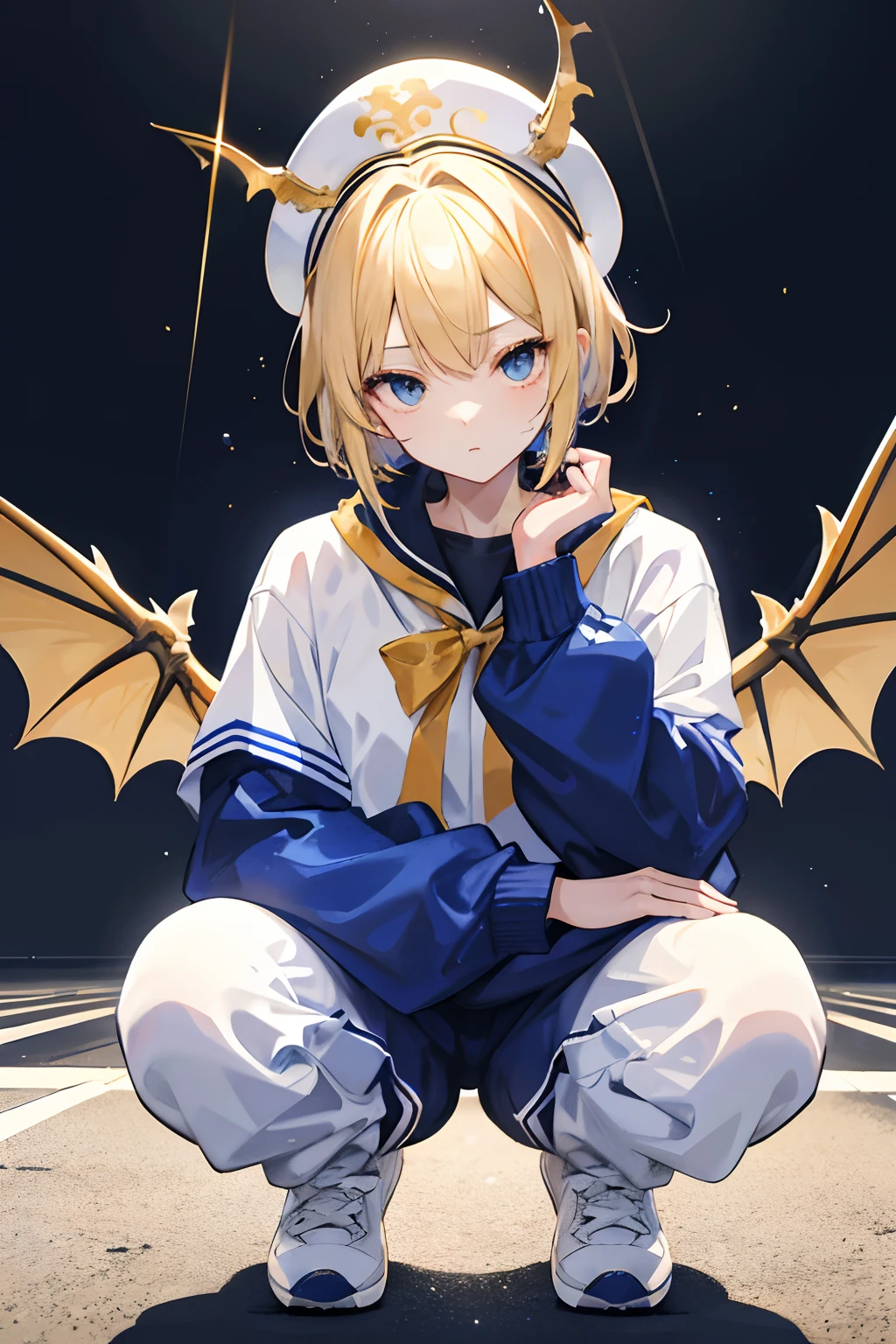 s girl,shyexpression,jk,in school uniform,Blue and white tracksuit,black sweatpants,White sneakers,Short blonde hair,Messy hair,Lots of golden arcs,Asian squat,Crouch on the side of the road,bangs covering eyes,Wears a white round hat,With slender Western dragon horns,Behind him grew the wings of a huge golden dragon,There are golden scales on the neck,The fingers are golden dragon claws,Long slender golden dragon tail