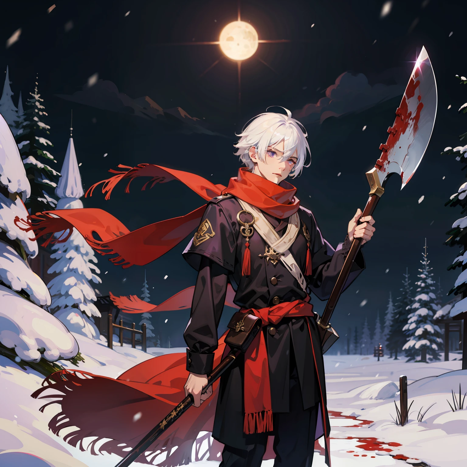 White hair, purple eyes, wearing a scarf, fair complexion, male, holding an axe, blood, snow