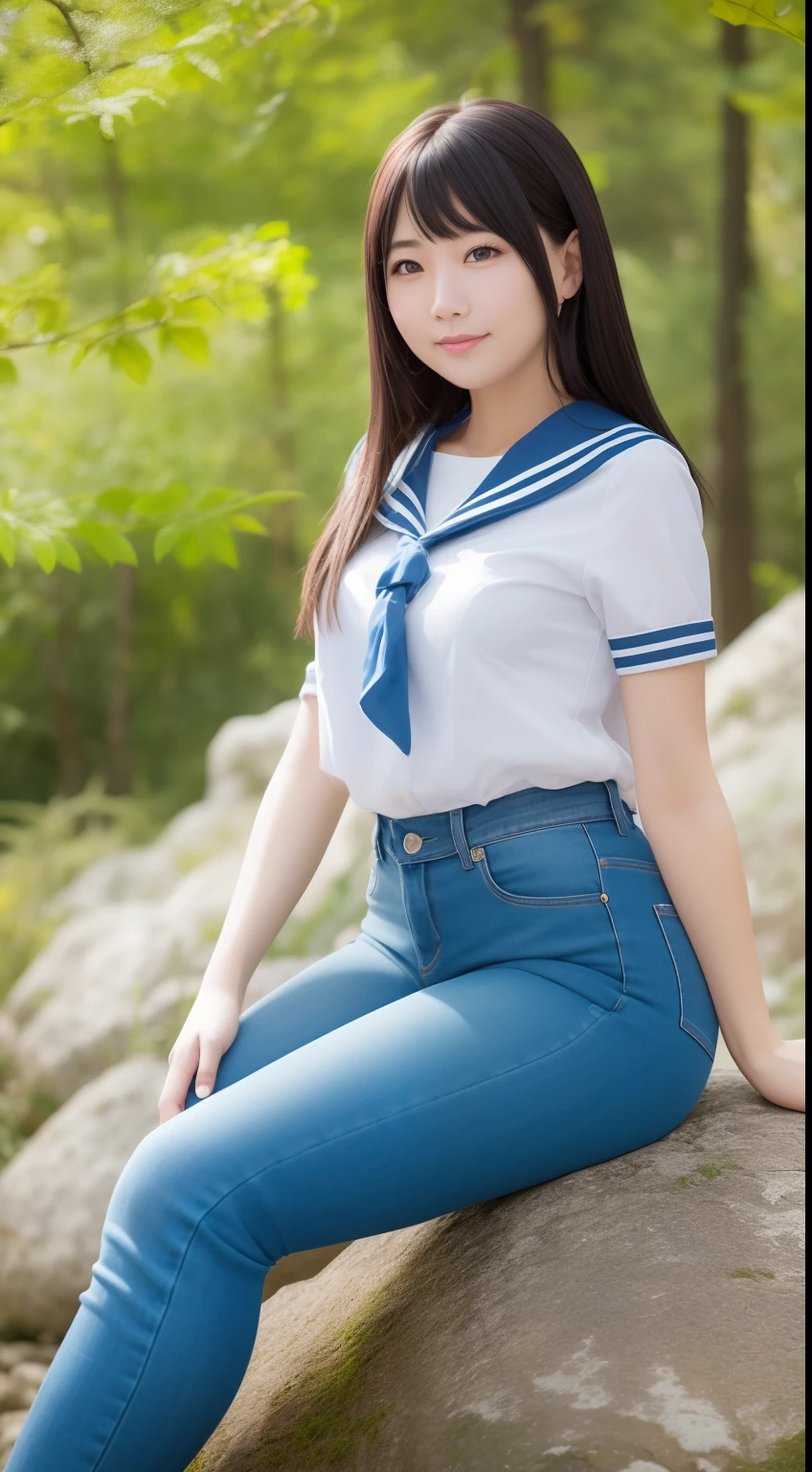 a pregirl,Thirty year old, ssmile, looking at viewert, sailor uniformm,skintight jeans, photore, realisticlying, Best quality at best, employee, 详细的脸, Sit on a large rock in the middle of the forest, diffuselighting, depth of fields, Background bokeh