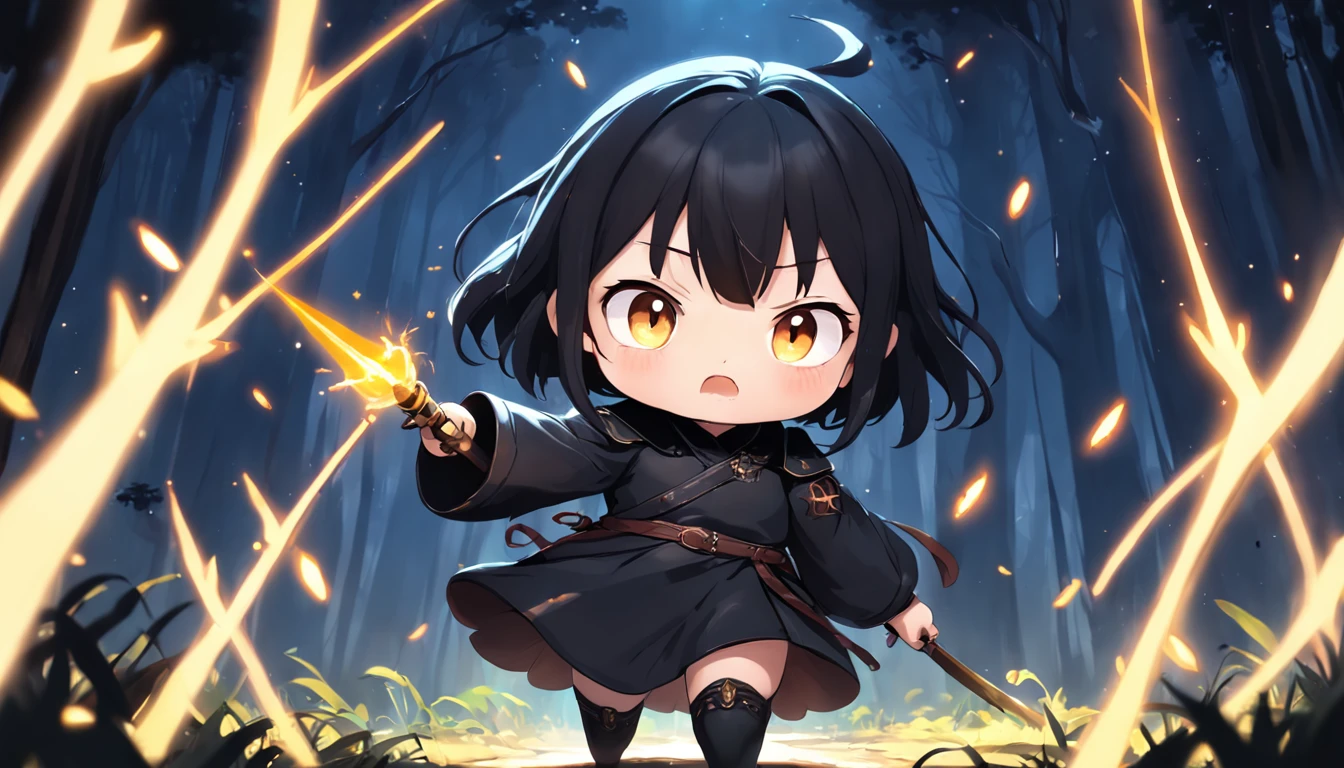Cartoony,Chubby little girl in black tight cloth,assassins,Dagger and dagger in both hands,Glowing fireflies around,,Cute and cute,KIDS ILLUSTRATION,Glow effects,Dingdall effect,depth of fields,high light,Real light,Ray traching,oc rendered,Hyper-realistic,best qualtiy,8K,Works of masters,super-fine,Detailed pubic hair,Correct anatomy,sharp focus on eyes,The facial structure is reasonable,Facial features are carefully depicted