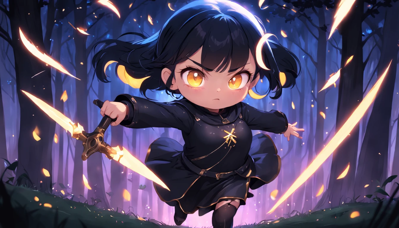 Cartoony，Chubby  girl in black tight cloth，assassins，Dagger and dagger in both hands，Glowing fireflies around，，Cute and cute，KIDS ILLUSTRATION，Glow effects，Dingdall effect，depth of fields，high light，Real light，Ray traching，oc rendered，Hyper-realistic，best qualtiy，8K，Works of masters，super-fine，Detailed pubic hair，Correct anatomy，sharp focus on eyes，The facial structure is reasonable，Facial features are carefully depicted