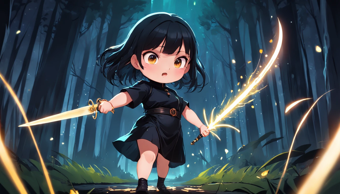 Cartoony,Chubby little girl in black tight cloth,assassins,Dagger and dagger in both hands,Glowing fireflies around,,Cute and cute,KIDS ILLUSTRATION,Glow effects,Dingdall effect,depth of fields,high light,Real light,Ray traching,oc rendered,Hyper-realistic,best qualtiy,8K,Works of masters,super-fine,Detailed pubic hair,Correct anatomy,sharp focus on eyes,The facial structure is reasonable,Facial features are carefully depicted