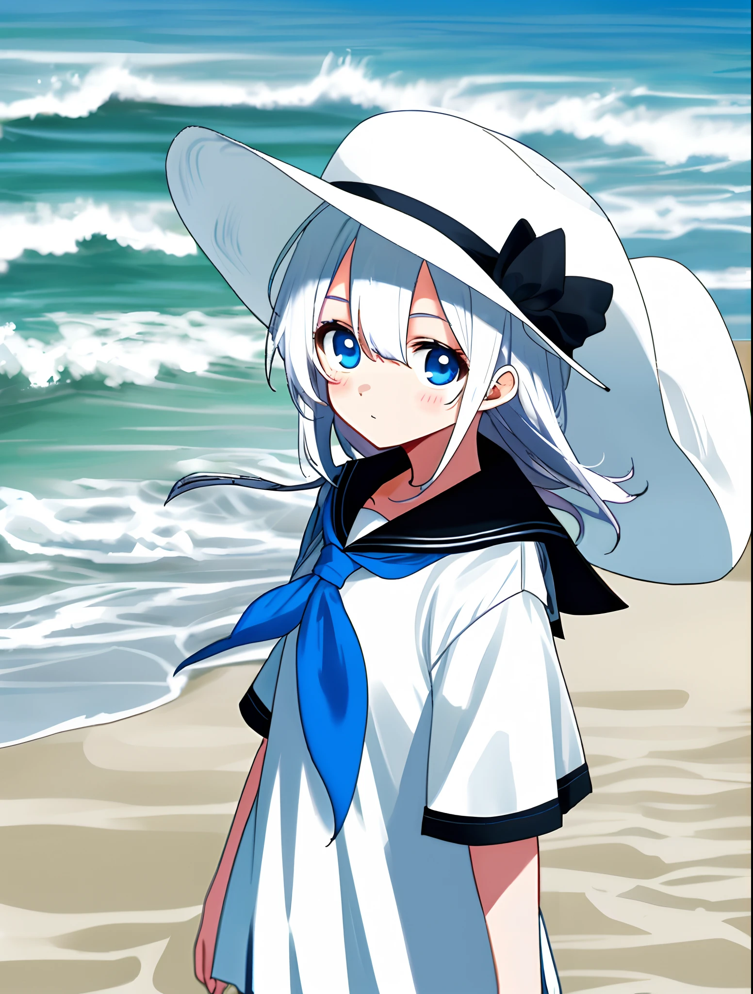 Venue beach,girls,White color hair,eBlue eyes,white clothes,It's cute,Wear a white hat on your head