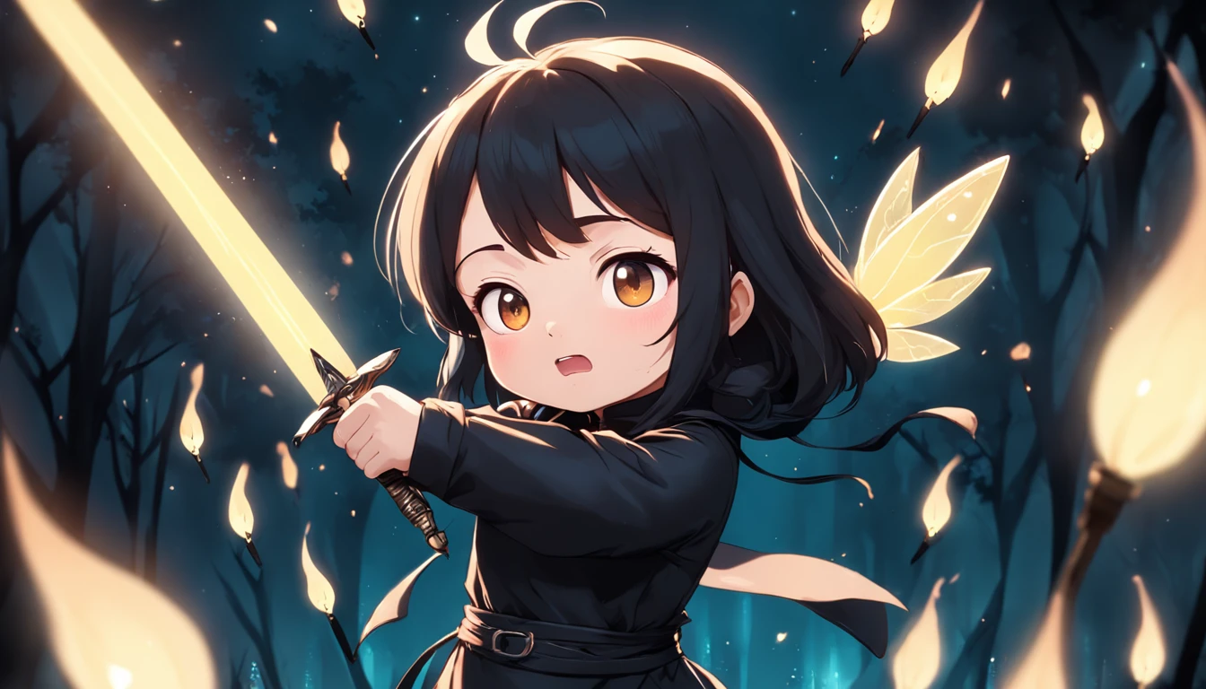 Cartoony,Chubby girl in black tight cloth,assassins,Dagger and dagger in both hands,Glowing fireflies around,,Cute and cute,KIDS ILLUSTRATION,Glow effects,Dingdall effect,depth of fields,high light,Real light,Ray traching,oc rendered,Hyper-realistic,best qualtiy,8K,Works of masters,super-fine,Detailed pubic hair,Correct anatomy,sharp focus on eyes,The facial structure is reasonable,Facial features are carefully depicted