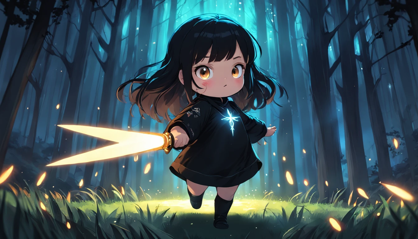 Cartoony,Chubby girl in black tight cloth,assassins,Dagger and dagger in both hands,Glowing fireflies around,,Cute and cute,KIDS ILLUSTRATION,Glow effects,Dingdall effect,depth of fields,high light,Real light,Ray traching,oc rendered,Hyper-realistic,best qualtiy,8K,Works of masters,super-fine,Detailed pubic hair,Correct anatomy,sharp focus on eyes,The facial structure is reasonable,Facial features are carefully depicted