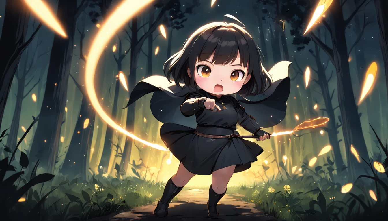 Cartoony，Chubby  girl in black tight cloth，assassins，Dagger and dagger in both hands，Glowing fireflies around，，Cute and cute，KIDS ILLUSTRATION，Glow effects，Dingdall effect，depth of fields，high light，Real light，Ray traching，oc rendered，Hyper-realistic，best qualtiy，8K，Works of masters，super-fine，Detailed pubic hair，Correct anatomy，sharp focus on eyes，The facial structure is reasonable，Facial features are carefully depicted