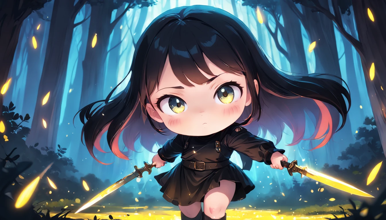 Cartoony,Chubby girl in black tight cloth,assassins,Dagger and dagger in both hands,Glowing fireflies around,,Cute and cute,KIDS ILLUSTRATION,Glow effects,Dingdall effect,depth of fields,high light,Real light,Ray traching,oc rendered,Hyper-realistic,best qualtiy,8K,Works of masters,super-fine,Detailed pubic hair,Correct anatomy,sharp focus on eyes,The facial structure is reasonable,Facial features are carefully depicted