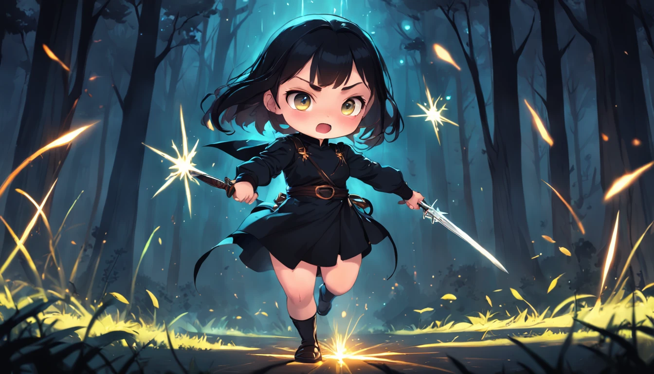 Cartoony,Chubby girl in black tight cloth,assassins,Dagger and dagger in both hands,Glowing fireflies around,,Cute and cute,KIDS ILLUSTRATION,Glow effects,Dingdall effect,depth of fields,high light,Real light,Ray traching,oc rendered,Hyper-realistic,best qualtiy,8K,Works of masters,super-fine,Detailed pubic hair,Correct anatomy,sharp focus on eyes,The facial structure is reasonable,Facial features are carefully depicted