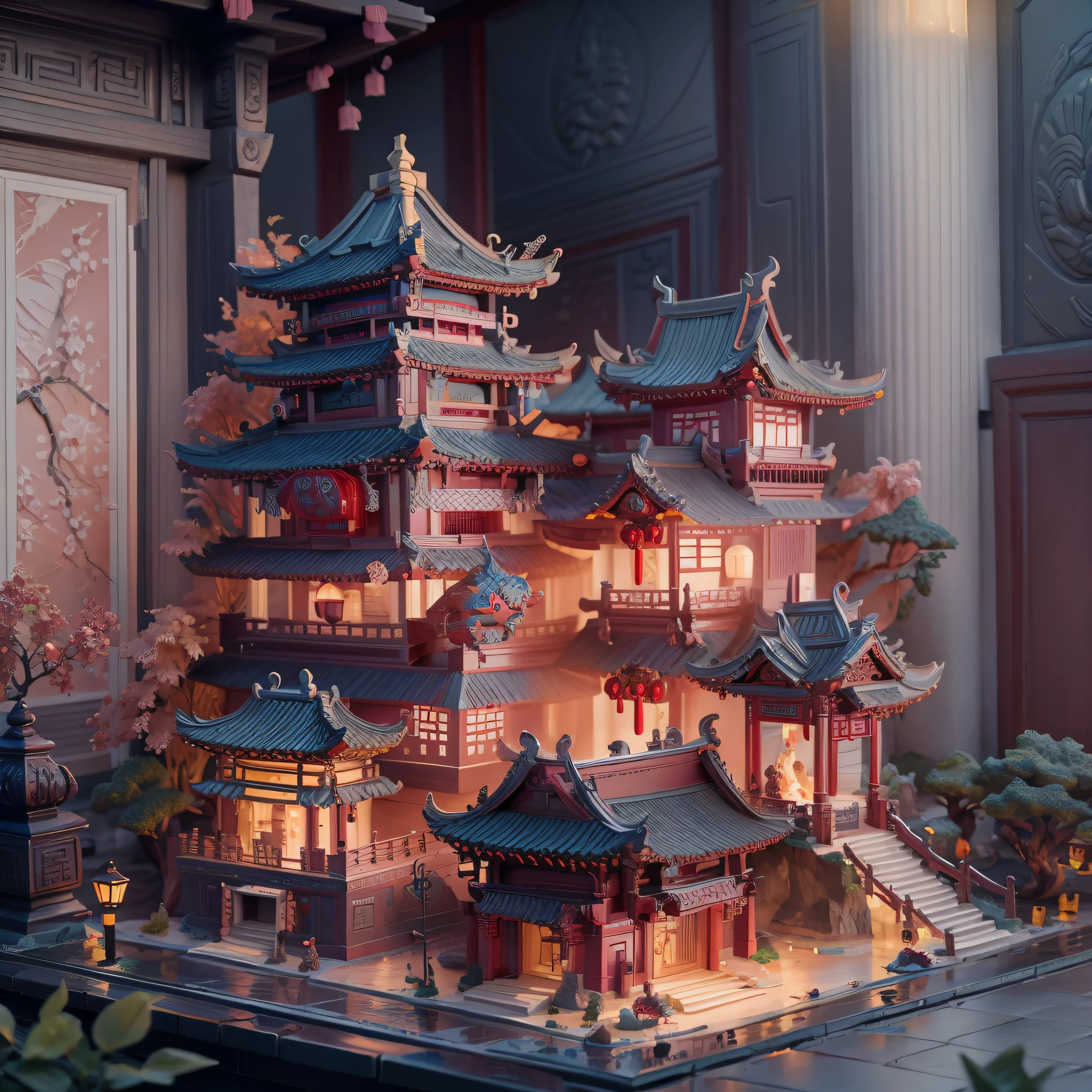 Blind box toy style, Chinese style buildings, 1 ancient Chinese building, glazed tiles, Royal Palace, Coiled dragon pillars, dreamy glow, Global illumination, Ray traching, hdr, unreal render, reasonable design, high detal, Masterpiece, Best quality, hyper HD, Cinematic lighting