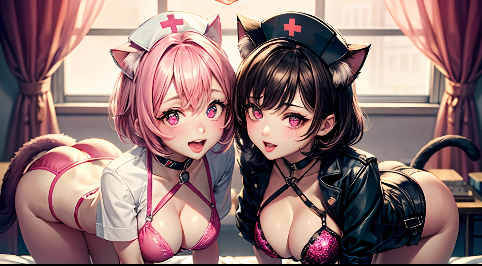 realisitic、top-quality、2girls、Cat's ears、Nurse Cap, Pink short hair , Brown medium hair , Looking at Viewer ,Saliva、((Heart shaped pupils)), orgasm , Pink Sequin Bikini , Lace gloves ,（Big breasts:1.5） ,all-fours