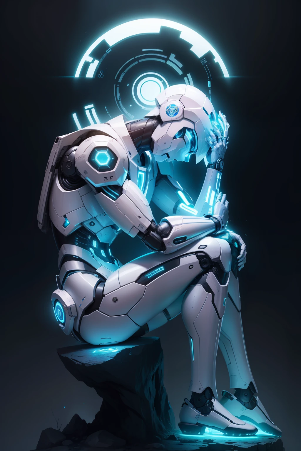 A white humanoid robot, in a landscape of darkened blue background with representations of electronic circuits, The robot is sitting on a rock, in the position of thinker, with one hand resting his chin and his elbow on his thigh, The close-up is lateral profile, the robot is absorbed by thought, esculpido por Augusto Rodin, O Pensador