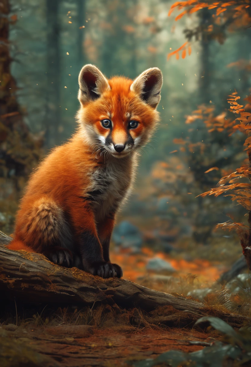 a painting of a little tiger cub and a little red fox, standing beside each other in a beautiful background forest... west slavic features, 8 1 5