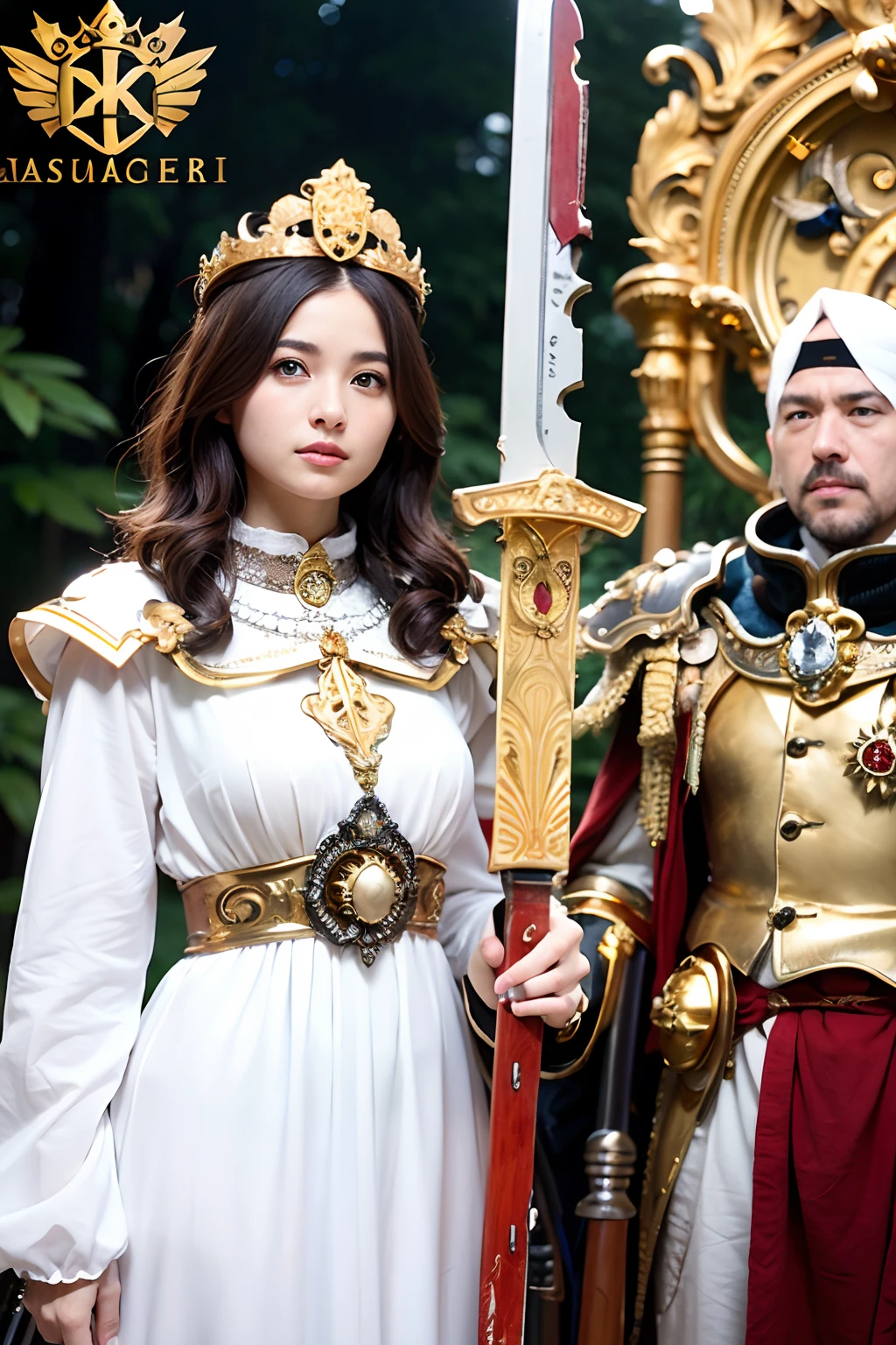 (masutepiece), Professional , masterpiece、top-quality、photos realistic , depth of fields (Gemstone White Metal Body:1.9),(Matte White、Jewel Gold Weapon(Jewel Metal Body:1.4),Gorgeous metal weapons ,(( Detailed and gorgeous sword of the brave)) , Beautiful knife ,warhammer 40k , adepta sororitas,Detail and ornate jewel crown、((Golden hair))、((Gangle's forest background))、Beautiful Caucasian beauty、1a person、dynamic ungle,(((Detailed and ornate diamond crown)))、Smaller head、A smile、Background inside the castle、Thin and beautiful female hands、cleavage of the breast、Soldier in iron armor on background、Mystical expression、Light Effects、intense fighting、Wind-effect、