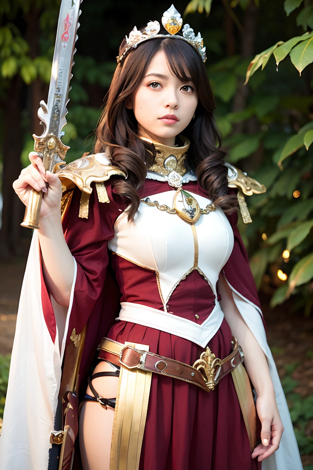 (masutepiece), Professional , masterpiece、top-quality、photos realistic , depth of fields (Gemstone Silver Metal Body:1.9),(Matte White、 Gold Weapon_(Metal:1.4),Gorgeous metal weapons , Detailed Sword of the Brave , Beautiful knife ,warhammer 40k , adepta sororitas,Detail and ornate jewel crown、Brown hair、Gangle's forest background、Beautiful Caucasian beauty、1a person、dynamic ungle,(((Detailed and ornate diamond crown)))、Particles of light、