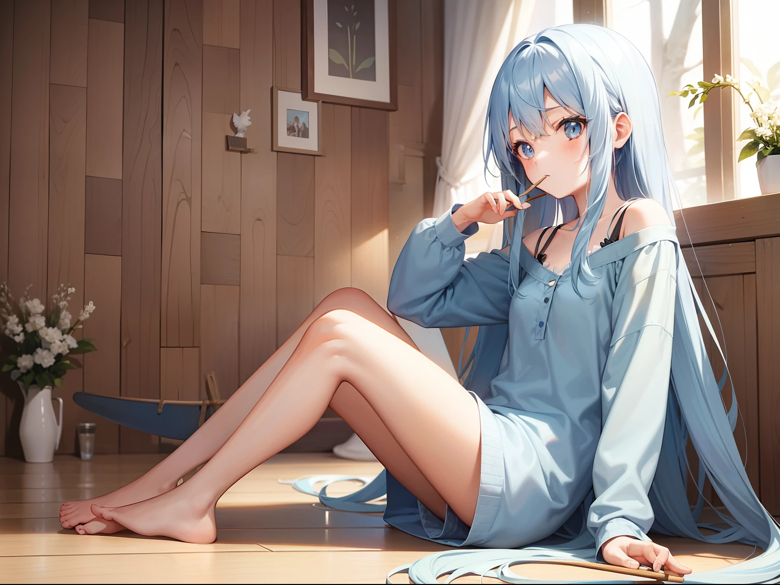 A girl with long light blue hair,wearing pajamas,With a short stick,Sitting on the wooden floor